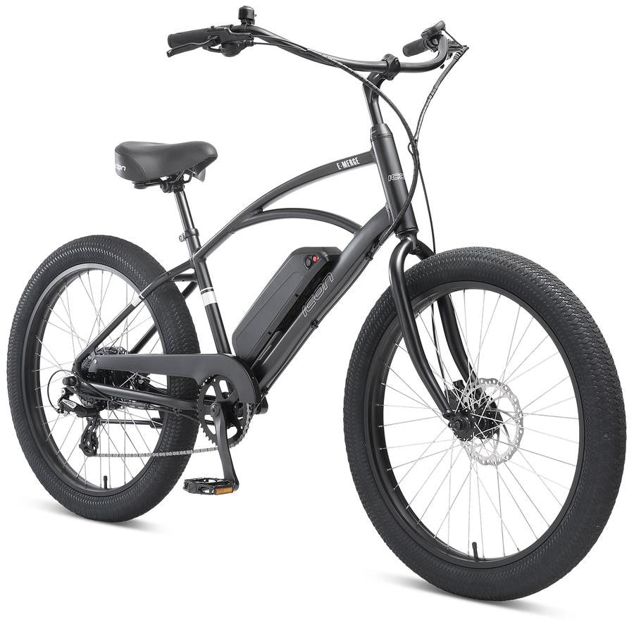 icon e flyer electric bicycle E-Wave 2.0 Standard The suspension fork absorbs shock and minimizes the impact of bumps ICON E-Flyer Electric Bike